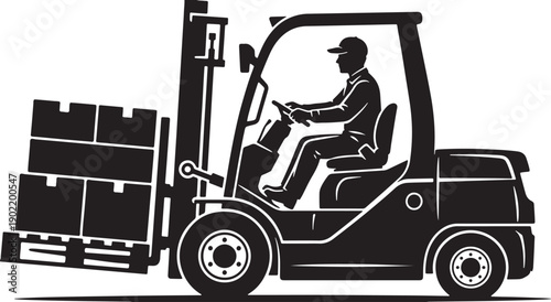 silhouette of a warehouse worker driving a forklift