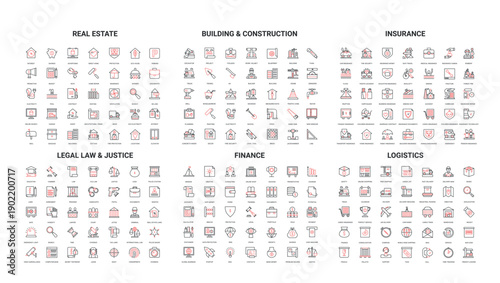 Comprehensive set of modern line icons representing real estate, construction, insurance, law, finance, and logistics for business presentations and web design background vector illustration