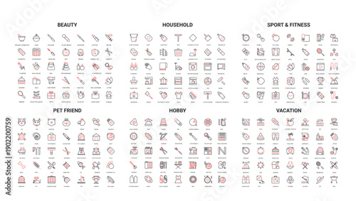 Set of modern line icons representing beauty, household, sport, fitness, pet, hobby, and vacation concepts perfect for web, app, or print design isolated on white background vector illustration