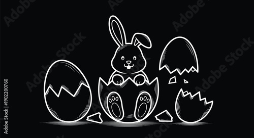 Adorable cartoon bunny hatching from a cracked white outline egg illustration on a stark black background signaling springtime holiday celebration beginnings
