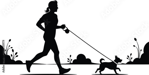 Woman jogging with happy dog on leash in park