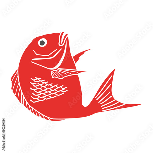 赤い鯛のイラスト　ベクター　透過背景　白背景　和風　魚　正月　縁起物　海の幸　海鮮　挿絵　タイ　日本　めでたい