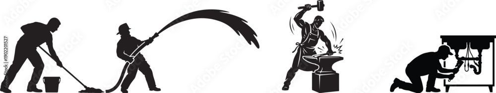 Fototapeta premium silhouettes of human labor, firefighter, janitor, plumber, blacksmith