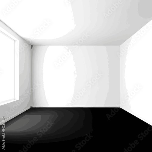 Create a realistic Bright empty white large room with white walls and black floor - 3d illustration vector art with white background..