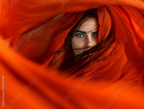 Portrait of a Young Girl with Blue Eyes Wearing Orange Traditional Clothing and Direct Gaze