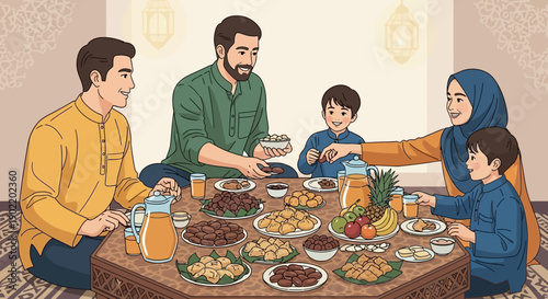 Illustration of a Muslim family sharing a meal together during iftar, breaking their fast on Ramadan with traditional foods and drinks