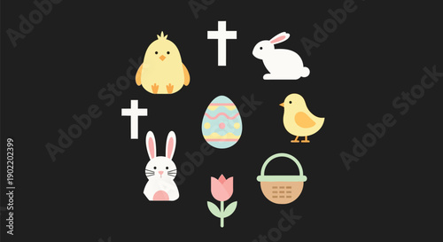 Religious and secular easter icons arranged around a decorated egg including chicks rabbits crosses a tulip and a basket