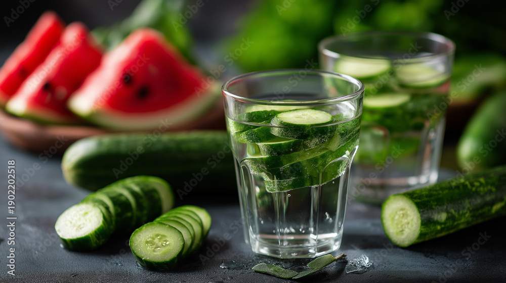 Fototapeta premium Hydration boosting foods, defocused water-rich produce background, cucumbers and watermelon, helping body stay hydrated, improving physical performance, wellness nutrition, with