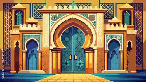 Very beautiful entrance of the old Royal Palace in Fez, featuring massive golden doors, intricate Moroccan patterns, and a powerful symbol of royal history and craftsmanship.