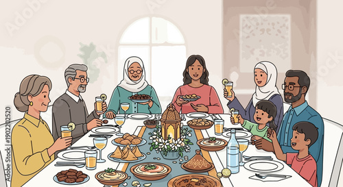 Illustration of a diverse Muslim family sharing a meal together at an Iftar dinner party with traditional foods and drinks in a warm home setting.