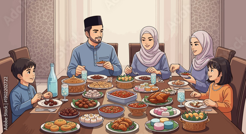 A Muslim family enjoys a traditional iftar dinner together at home, breaking their fast during Ramadan with a variety of delicious foods and drinks on the table.