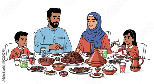 A Muslim family enjoys a traditional iftar dinner together at a table filled with food and drinks during Ramadan.