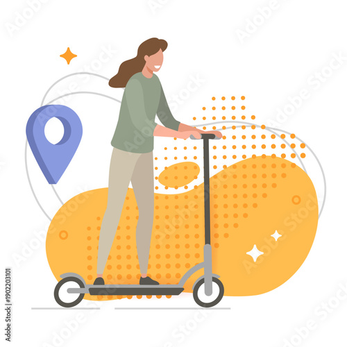 Woman riding electric kick scooter icon modern design vector, urban girl character on escooter with map pin pointer location as gps rental app concept illustration, kickscooter transport sharing  
