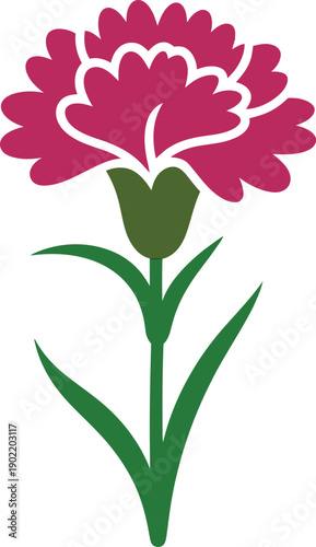 A vibrant pink flower with green leaves and stem illustration