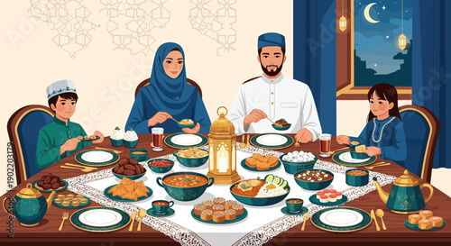A Muslim family breaking their fast together on a table with traditional iftar food and lantern in a warm and cozy setting during Ramadan.