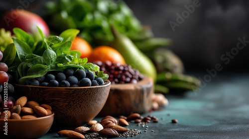 Plant-based diet emphasis, defocused plant foods background, whole foods like fruits vegetables and nuts, reducing animal product consumption, enhancing health and sustainability,