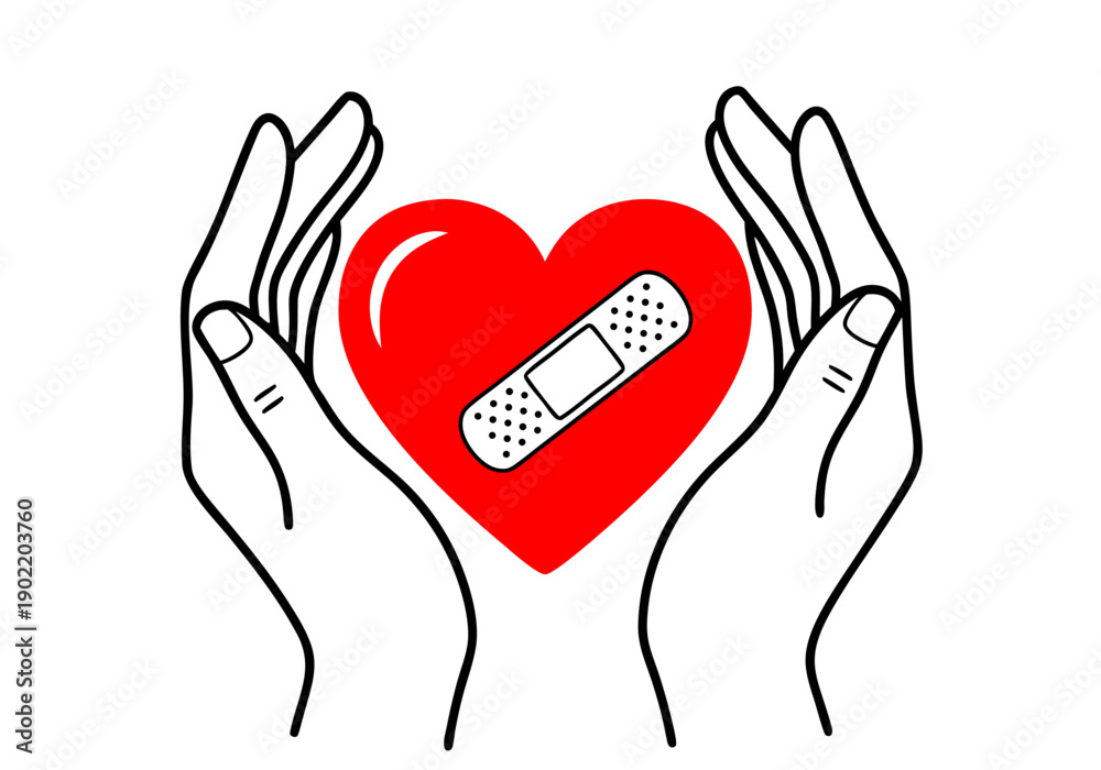 Obraz premium Hands cradling a red heart with a band-aid, symbolizing care, healing, and medical support