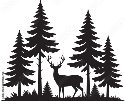 Quadro su tela Silhouette of a majestic stag standing in a pine forest, black and white illustr