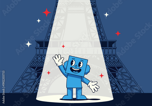An animated blue robot with a square head waving hands in front of the Eiffel Tower at night with spotlights and stars