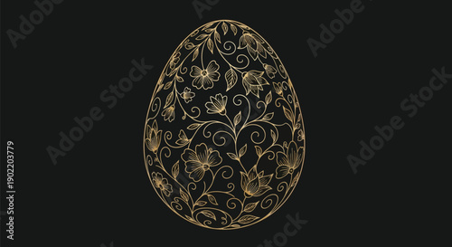 Elegant golden line art illustration of a beautifully decorated Easter egg featuring intricate floral swirls and botanical elements set against a stark black background