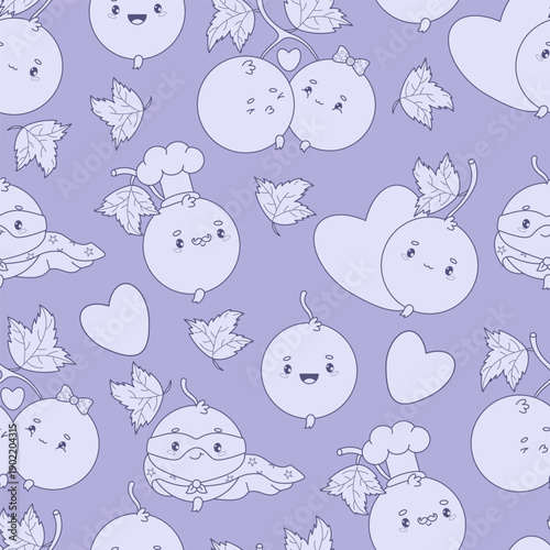 Cute Blackcurrant Seamless Pattern drawing. Outline Berry Currant Cartoon Character Chef, Romantic Couple and Superhero on Purple Background. Line Vector Square illustration