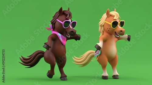 Two horses wearing sunglasses perform on stage