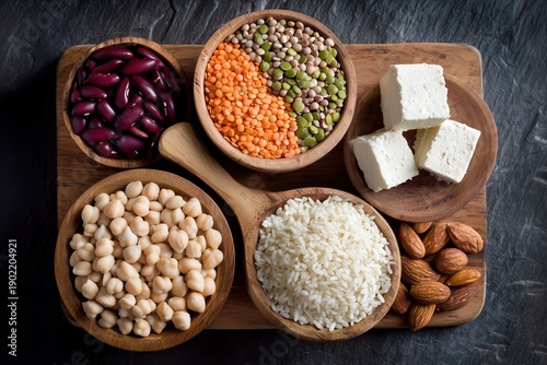 Top view of different vegan protein sources : beans, lentils, quinoa, tofu, vegetables, nuts, chickpeas, rice