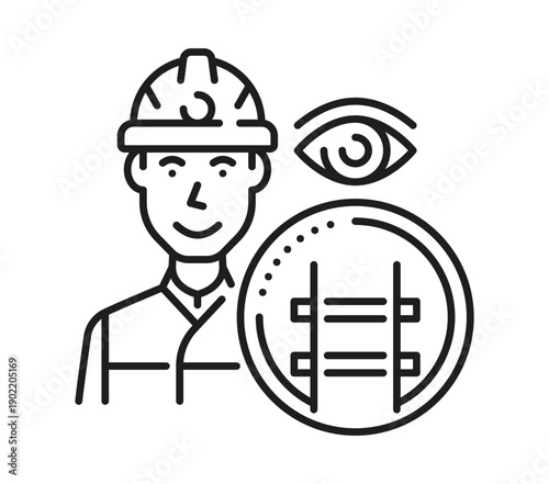 Railroad railway icon of train and subway rail tracks inspector, vector line pictogram. Railroad and railway symbol of rail tracks maintainer man for tram or metro train technical maintenance service