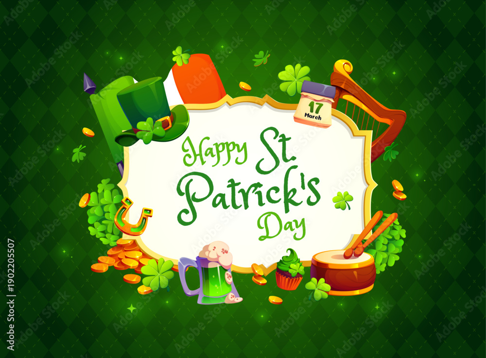 Fototapeta premium Happy st Patrick day holiday greetings frame with leprechaun hat, shamrock or gold coins Irish flag, drum and harp, cupcake and mug of green beer. Cartoon vector festive and cheerful congratulation