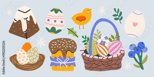 Happy Easter holiday festive elements in cartoon style. Decorated eggs, chicken, Easter cakes, basket, plants. Spring Christian holiday vector illustration isolated