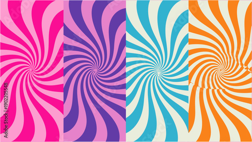 Groovy retro swirl background panels featuring vibrant pink purple blue and orange spiral patterns for modern prints