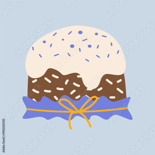 Festive cake for Easter holiday. Cake with icing decorated with confectionery sweets in festive packaging. Spring Christian holiday vector illustration isolated