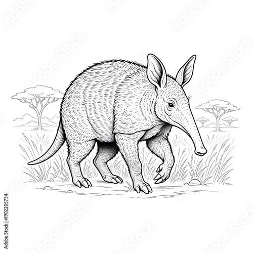 Aardvark Walking in Savanna Line Art - Realistic African Anteater Wildlife Vector
