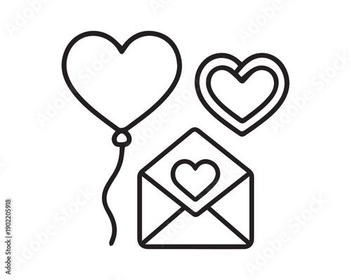 Set of illustrations: heart-shaped balloon, envelope with hearts for Valentine's Day 
