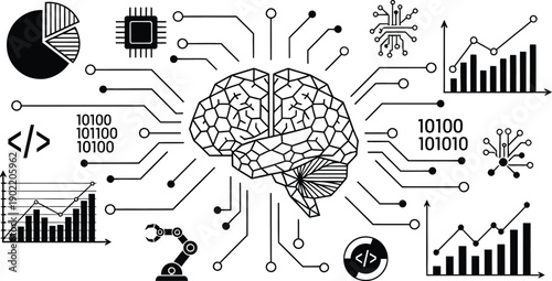 Digital illustration of artificial intelligence and machine learning concepts with circuit lines
