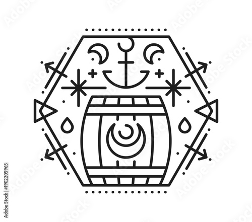 Pirate rum or powder barrel esoteric line symbol. Filibuster sacred outline vector sign, buccaneer sailing esoteric thin line print. Corsair nautical tattoo or pirate tarot symbol with wooden barrel