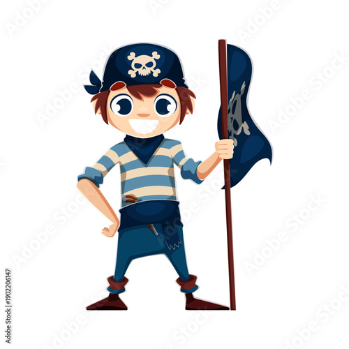 Cartoon kid boy pirate holding jolly roger black flag. Happy smiling child corsair in Halloween carnival costume. Vector little buccaneer personage in bandana on head and freebooter party dress