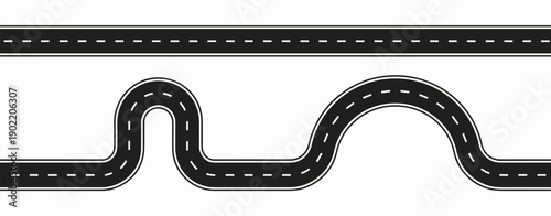 Road markings and curved asphalt path vector illustration set for traffic design map street direction city highway