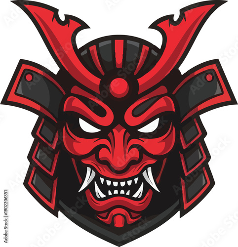 Red Samurai Helmet with Fierce Face.