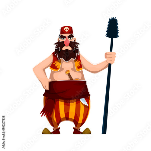 Cartoon Turkish pirate gunner sailor character holding a gun charging stick. Vector corsair personage in traditional vibrant attire, exudes a sense of adventure and boldness, ready for cannon attack