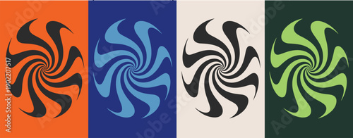 Abstract swirling vortex patterns in orange blue cream and green create dynamic backgrounds