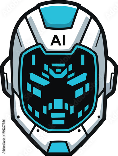 Robot Head with AI Label and Circuitry.
