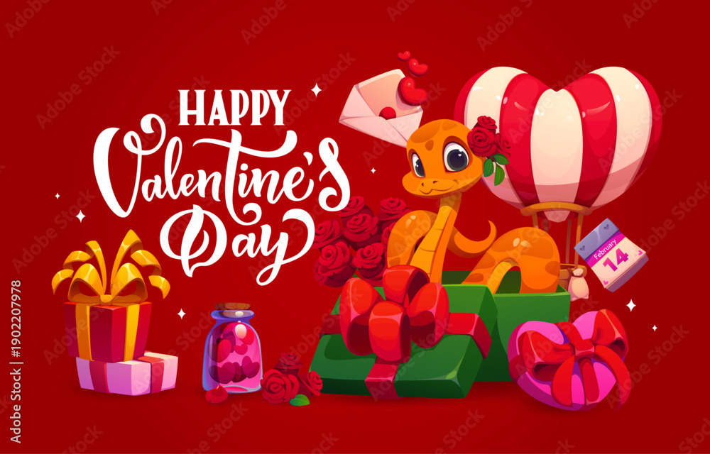 Naklejka premium Happy Valentine day greeting card featuring a cute orange snake with roses, gifts, heart balloon, love letter, and February 14 calendar. Vector festive, bright, playful and romantic holiday banner