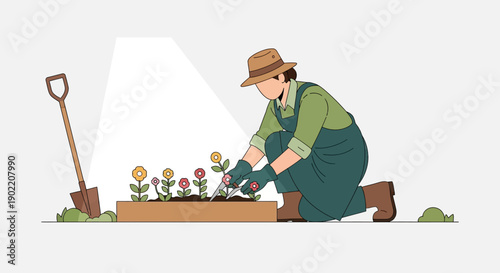 Gardener tending to flowers in a garden bed.