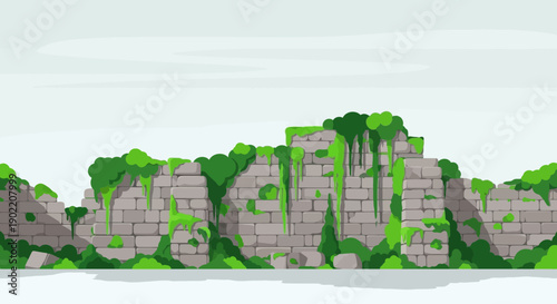 Ancient stone wall with lush greenery and moss.