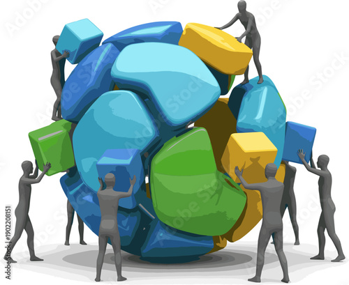 Create a realistic Teamwork business concept - Sphere assembling from blocks. 3d rendering vector art with white background..