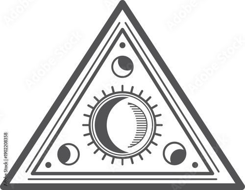 A triangle with a sun and three crescent moons