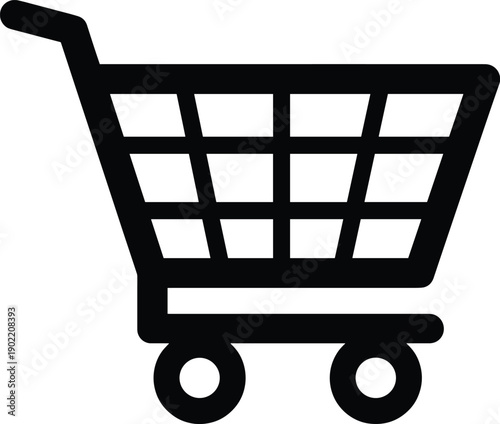 Black and white shopping cart icon representing online retail, e-commerce, purchasing, checkout, consumer goods, and commerce