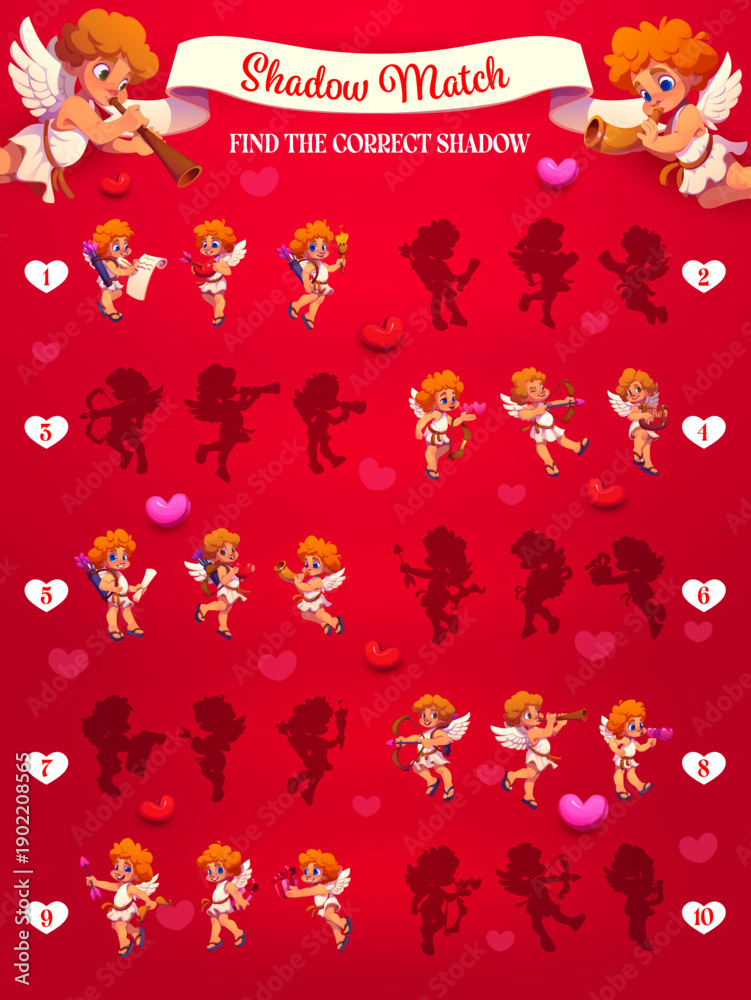 Fototapeta premium Find the correct shadow of Valentine cherub cupids. Vector silhouette matching game for kids. Puzzle activity with cartoon angels with bow, letter, torch, harp or trumpet on red background with hearts