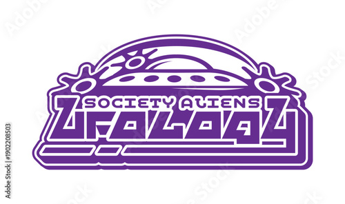 Space alien ufology and astronomy retro Y2K icon or sign. Galaxy outerspace research retro vector element, universe discovery symbol. Cosmos aliens Y2K sign with UFO, stars and abstract typography